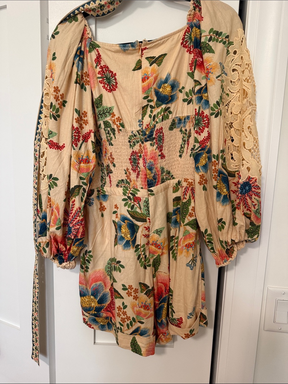 FARM Rio Cream Floral Lace-Trim Romper with Blue & Red Accents - Picture 4 of 5